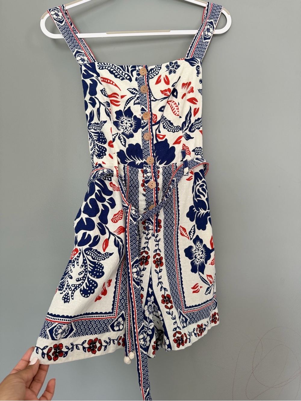 Rachel Zoe Navy & Red Floral Tie-Waist Mini Romper